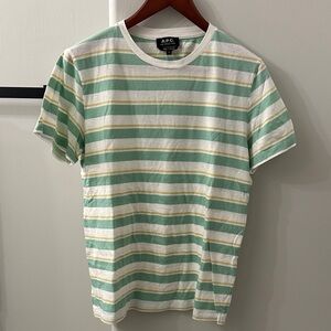 A.P.C. Men's Mint Green and White Striped Tee
